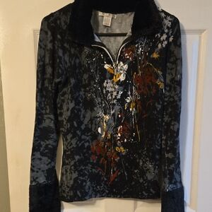 Alberto Makali Black and Gray Ornate Faux Fur Light Weight Sweater